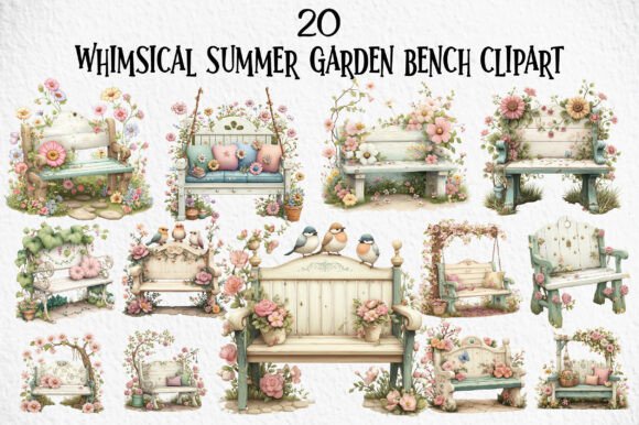 Download Whimsical Summer Garden Bench Clipart - Premium Bundle