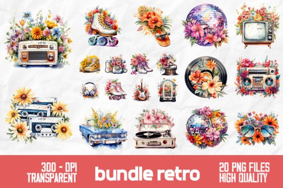 Download Retro Watercolor Flowers Bundle Design - Flowers Collection