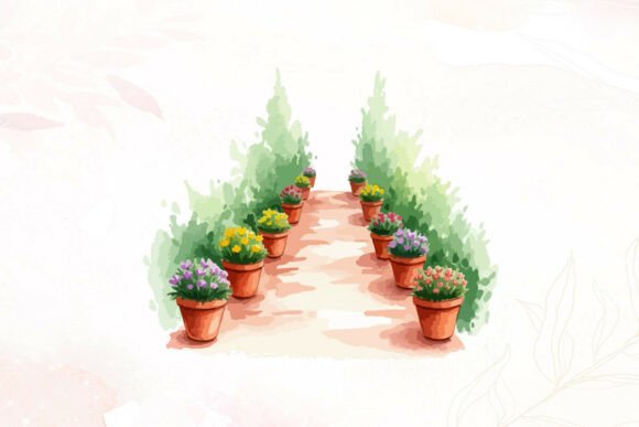 Download Watercolor Garden Path Potted Flowers - Flowers Collection
