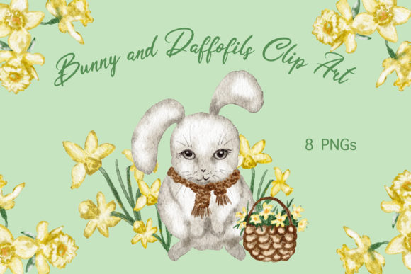 Download Watercolor Bunny Daffodils Clip Art Set - Watercolor bunny Collection