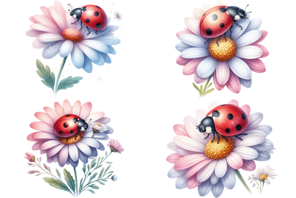 Download 4 Watercolor Ladybug and Flowers Bundle - Flowers Collection