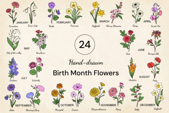 Download 24 Hand-drawn Birth Month Flowers Bundle - Flowers Collection