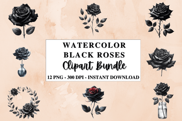 Download Watercolor Black Roses Clipart Bundle - Watercolor black roses Collection