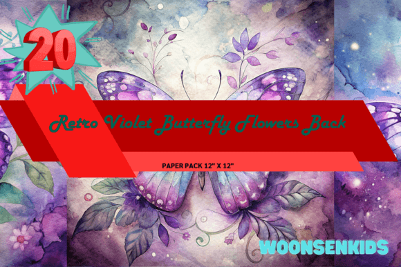 Download New Retro Violet Butterfly Flowers Background Watercolor Png Kdp Digital Paper - Background Collection