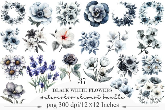Download Watercolor Black White Flowers Clipart - Flowers Collection