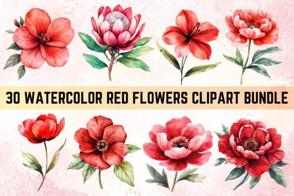 Download Watercolor Red Flowers Clipart Bundle - Flowers Collection