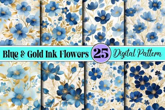 Download Blue &amp; Gold Ink Flowers Papers Pattern - Flowers Collection