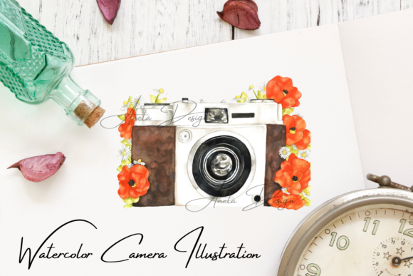 Download Camera with Watercolor Poppy Flowers - Flowers Collection