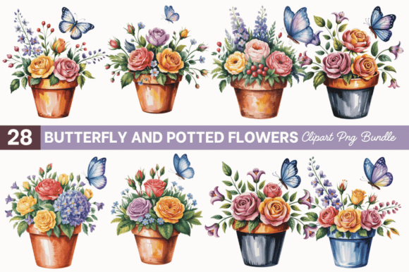 Download Butterfly and Potted Flowers Clipart PNG - Flowers Collection