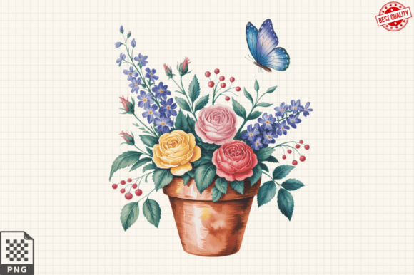 Download Butterfly and Potted Flowers Clipart PNG - Flowers Collection