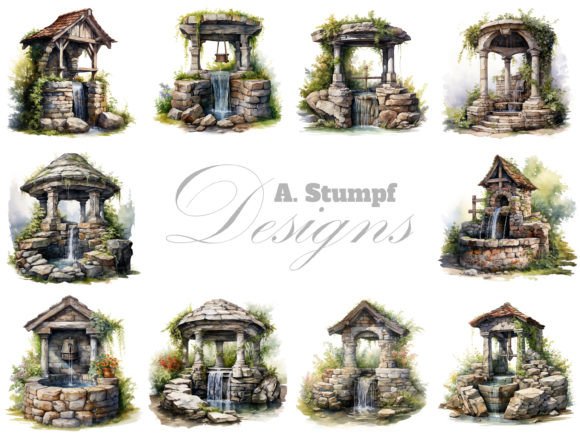 Download Stone Well in Summer Garden Clipart Set - Summer garden clipart Collection