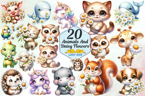 Download Cute Animals &amp; Daisy Flowers Design Set - Flowers Collection