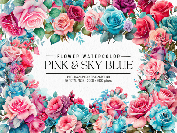 Download Pink and Sky Blue Flowers Watercolor - Flowers Collection