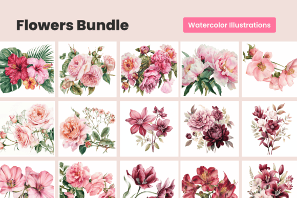 Download Watercolor Flowers Bundle | 30 Drawings - Flowers Collection