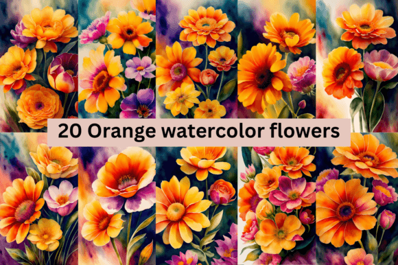 Download #4 Orange Watercolor Flowers Bundle - Flowers Collection