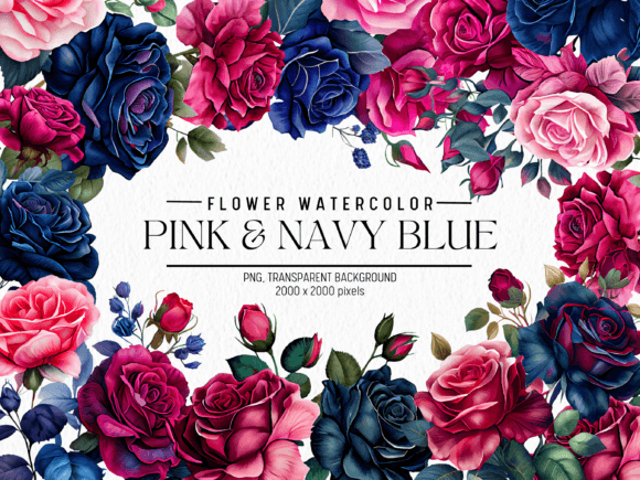 Download Pink and Navy Blue Flowers Watercolor - Flowers Collection